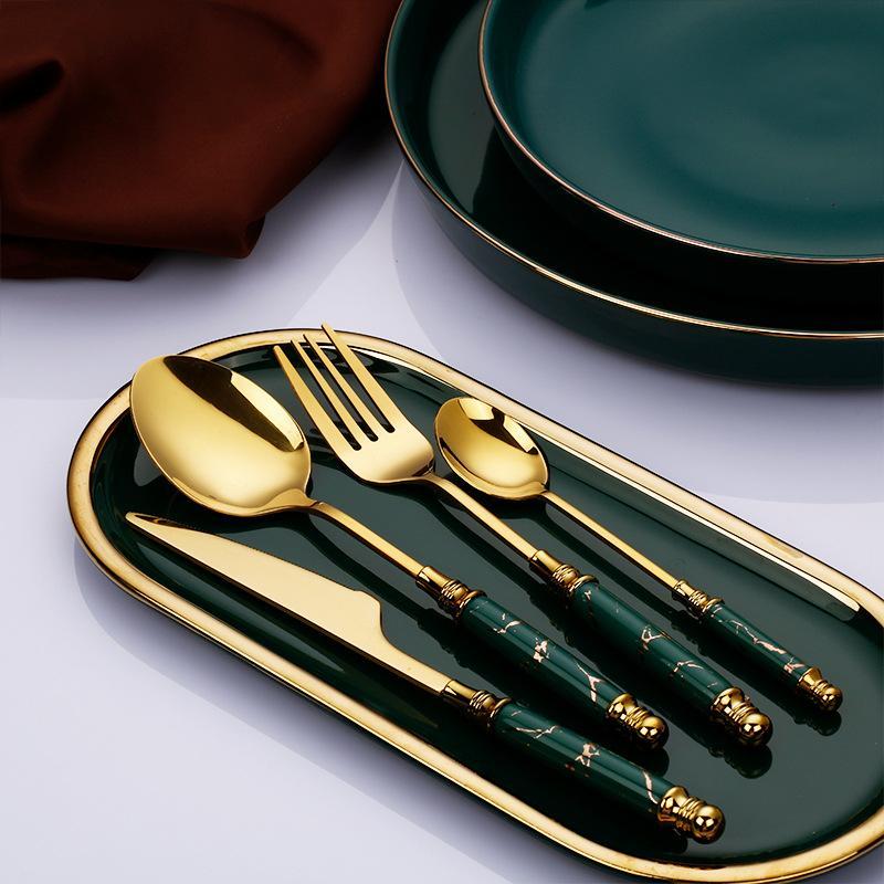 Emerald Essence Cutlery Set with Marble Handles