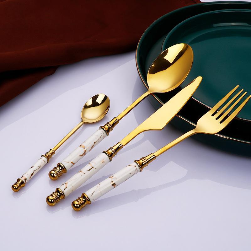 Emerald Essence Cutlery Set with Marble Handles