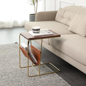 Stylish Elegant Magazine Holder Side Table in Walnut Finish with Leather Magazine Holder - Luxus Heim
