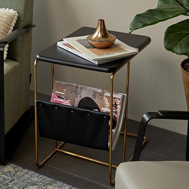 Stylish Elegant Magazine Holder Side Table in Walnut Finish with Leather Magazine Holder - Luxus Heim