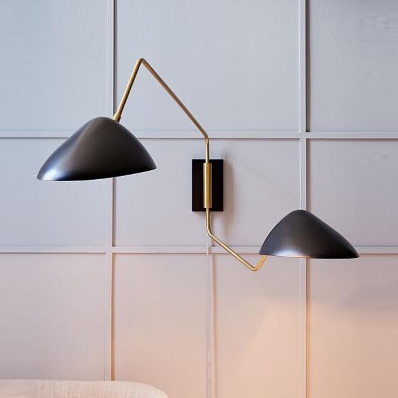 Two Arms Duckbill Wall Lamp with adjustable swing arm and asymmetrical shade in a modern living room setting.